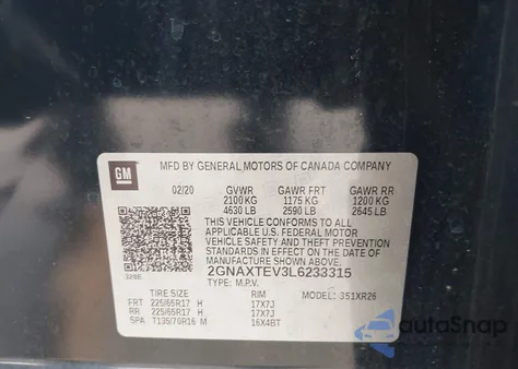 2020 Chevrolet Equinox Awd 2Fl из США, поврежденный, VIN 2GNAXTEV3L6233315